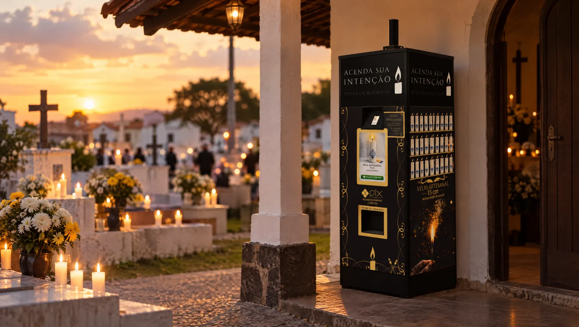 Simulação da Luzia Prima na entrada de um cemitério no Dia de Finados, com velas acesas nos túmulos