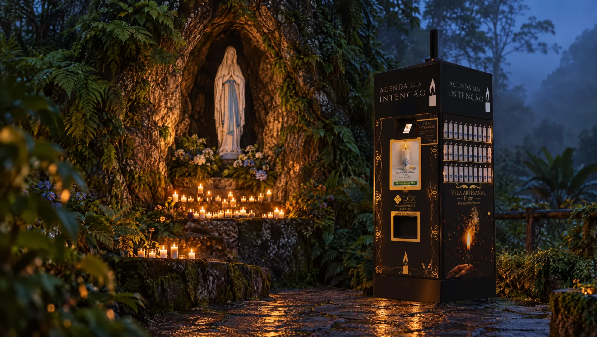 Simulação da Luzia Prima ao lado de uma gruta com imagem de Nossa Senhora, ao entardecer