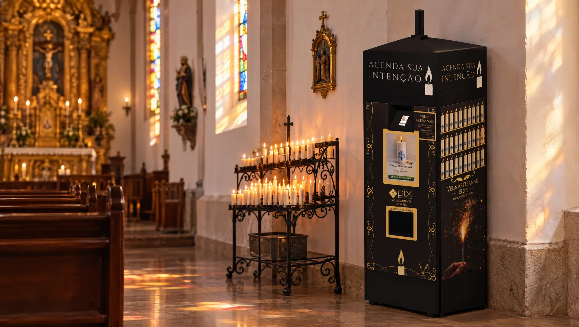Simulação da Luzia Prima na nave lateral de uma igreja, ao lado de um velário