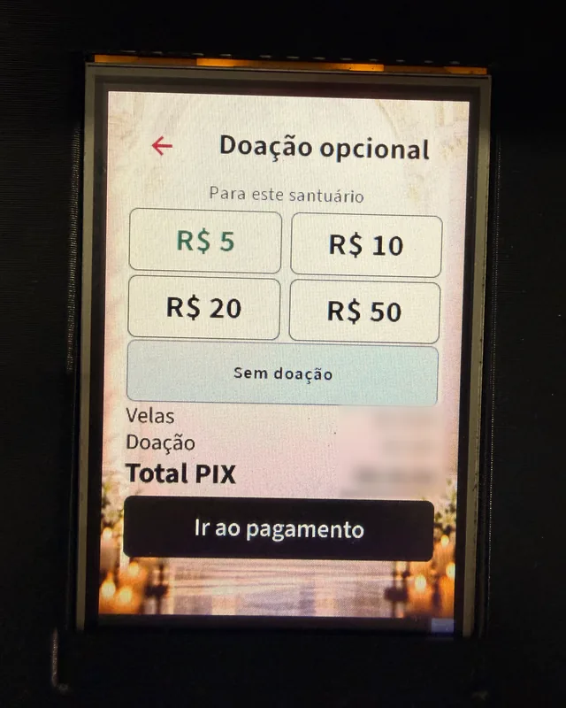 Tela de doação opcional, com valores de R$ 5 a R$ 50